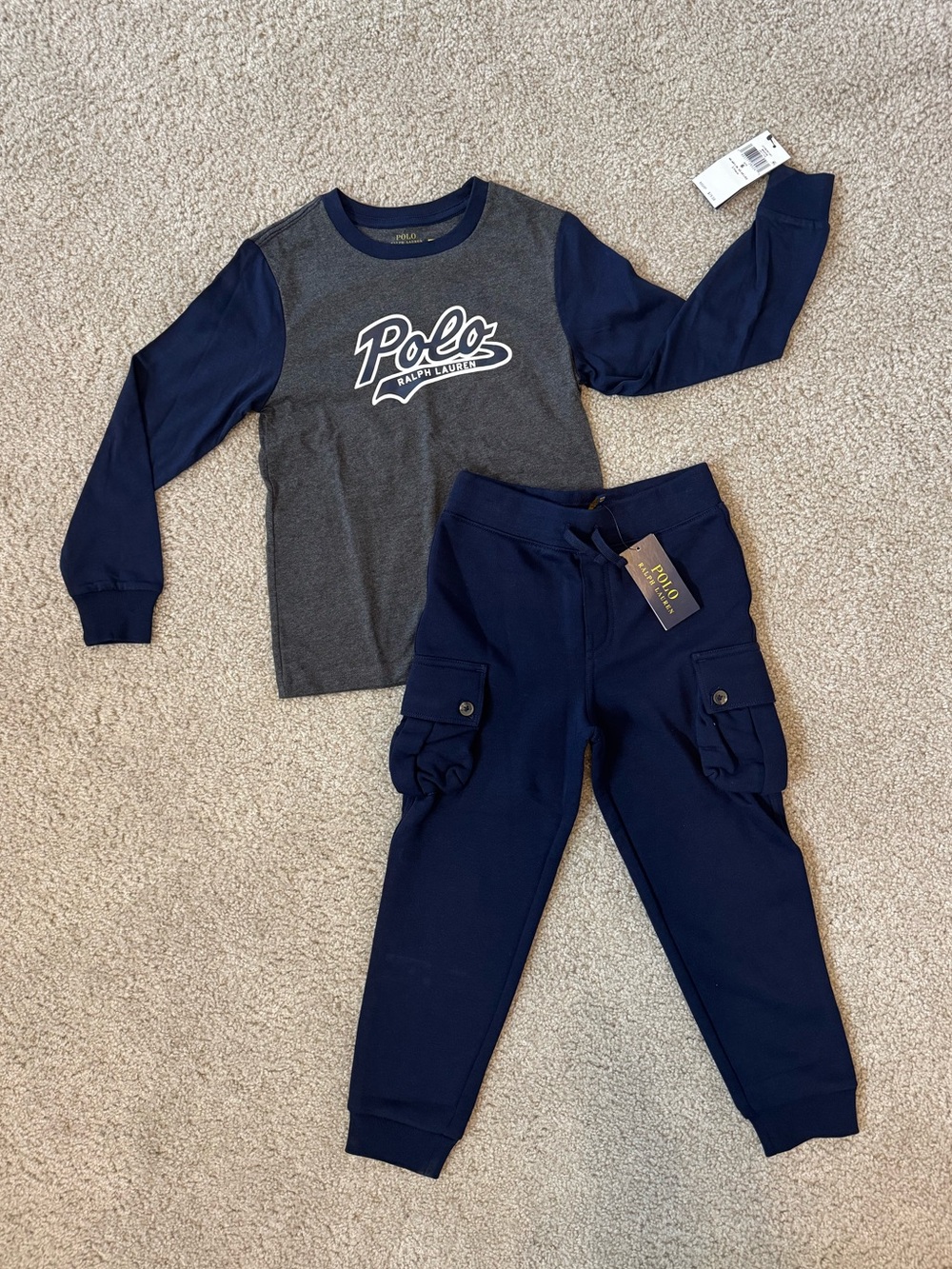 Ralph Lauren Polo Kids Long Sleeve Tshirt with Navy Cargo Joggers